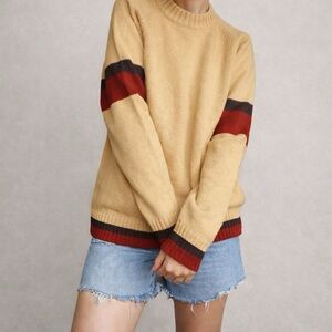 Italian Wool Blend Pullover Sweater Beige Red with Red/Navy Stripes - Size L